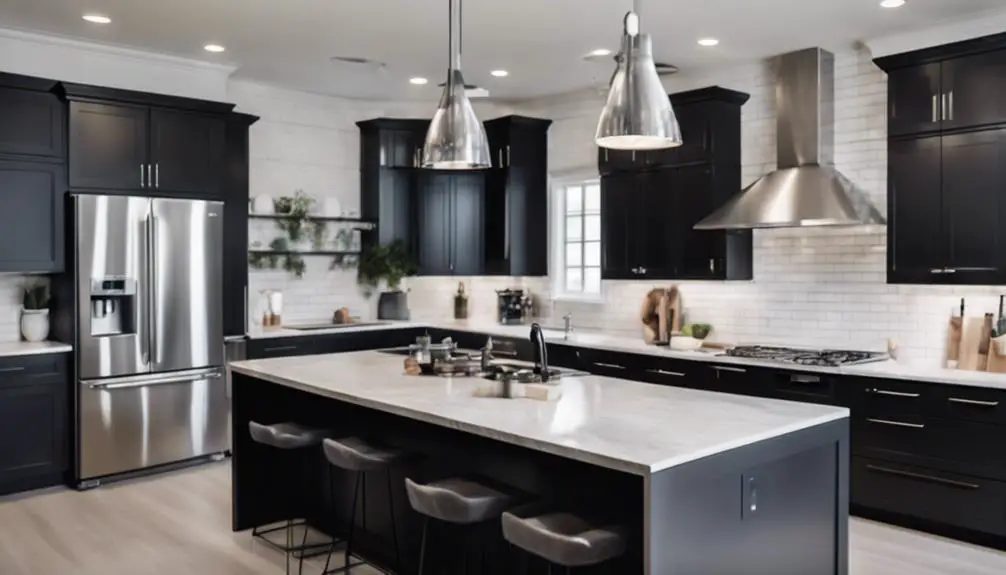 kitchen features dark island